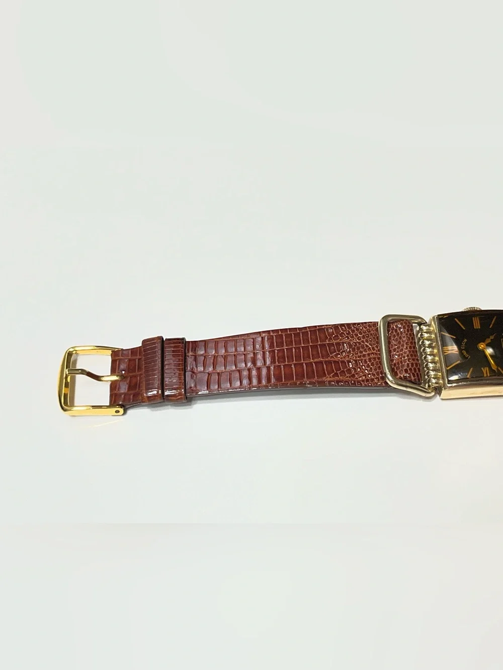 Lord Elgin Black and Gold Watch with Brown Leather Strap
